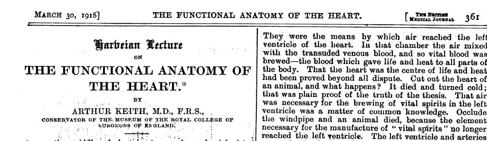 harveian lecture william harvey 1918 kieth functional aantomy of heart bmj british medical journal