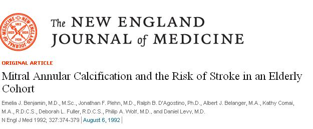 MITRAL ANNULAR CALCIFICATION AND STROKE NEJM  EMELIA BENJAMIN 1992