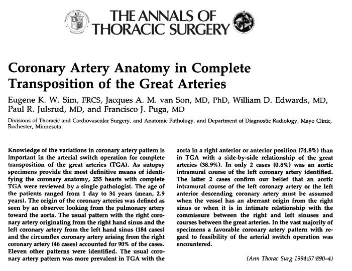 coronary anatomy in corrected transpostion og great arteries ltga c tgv Ltgv annals of thoracic surgery 1994