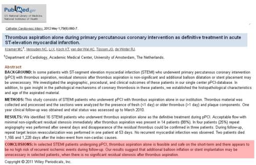 krammer thrombus aspiration alone priamry poba for stemi no stent